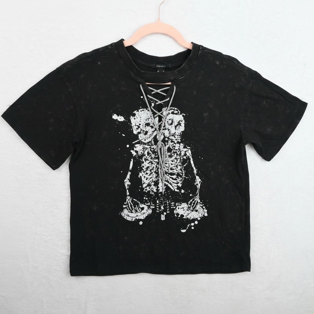Forever 21 Graphic T-Shirt Womens Small Black Skeleton DJ Lace Up Rhinestone